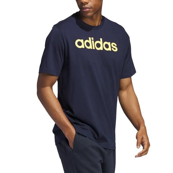 adidas Mens Graphic Tee Navy Blue with Yellow Logo Spellout Stretch 100% Cotton - Picture 1 of 7